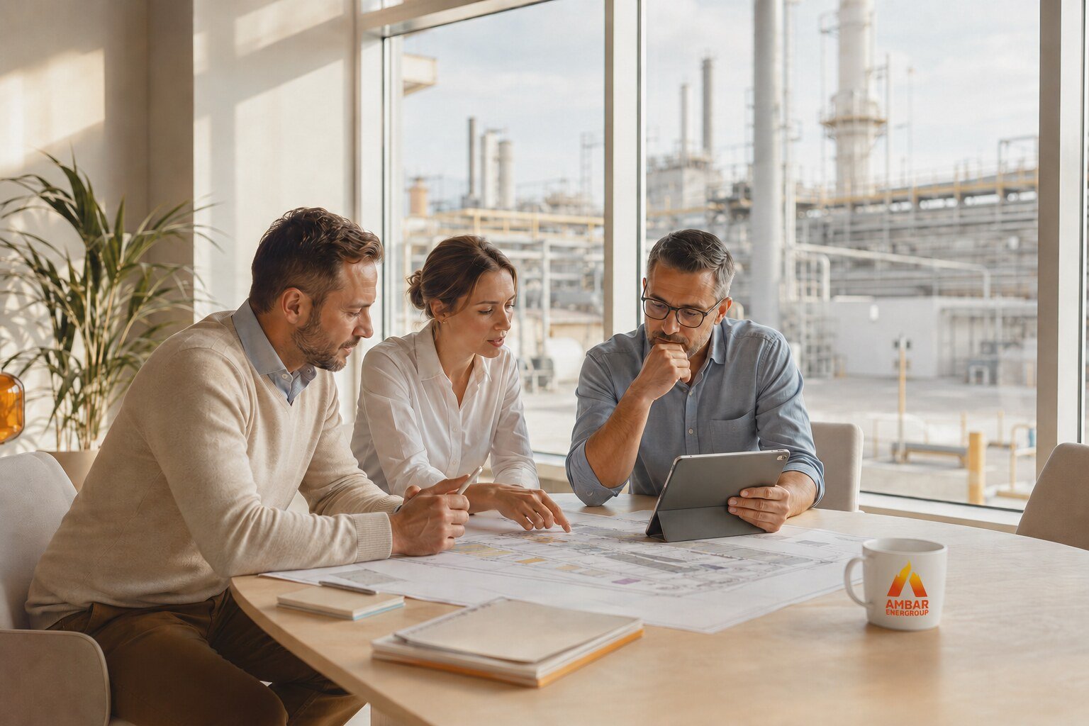 Equipo profesional analizando un proyecto energético industrial